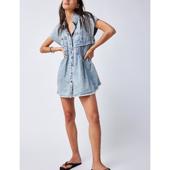 Free People Light Blue Denim Mini Dress - Picture 2 of 6